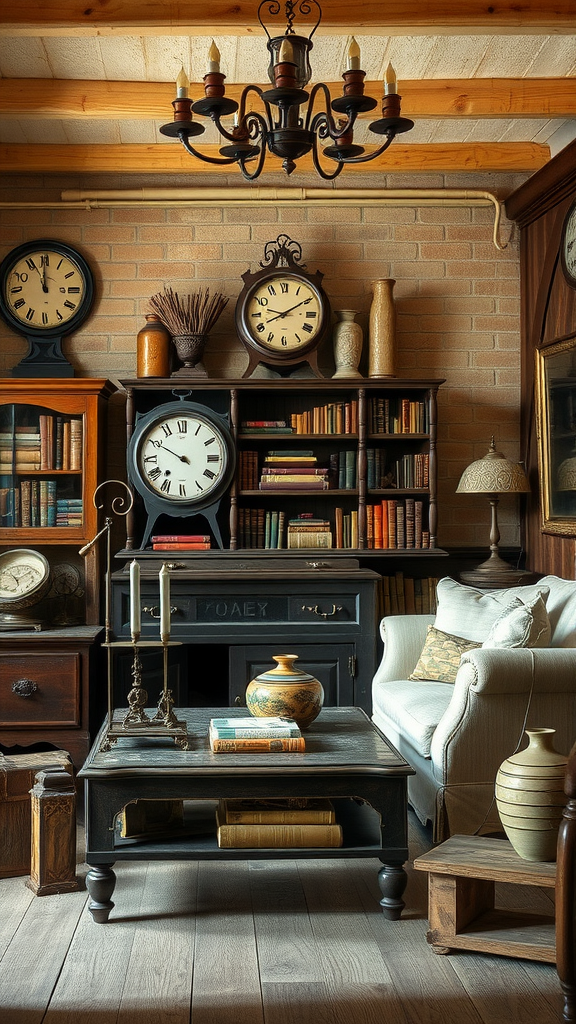 A rustic living room with antique decor including vintage clocks, bookshelves, and a cozy seating area.