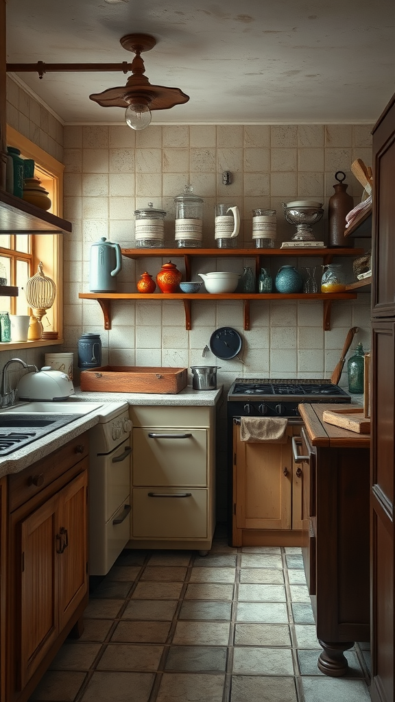 A cozy old-world kitchen showcasing vintage appliances and wooden fixtures.