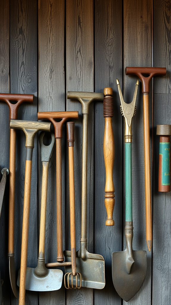 A collection of antique farm tools displayed on a wooden wall.