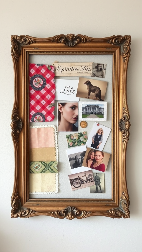 A vintage decorative frame filled with photos, fabric swatches, and notes, showcasing a creative inspiration board.