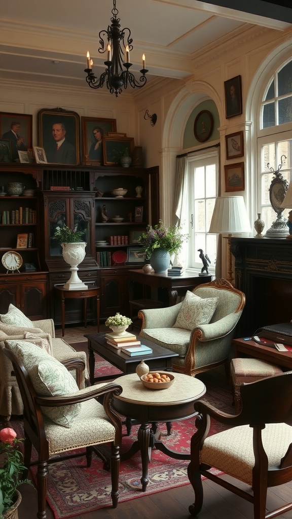 Cozy cottage living room with antique furniture and decor accents