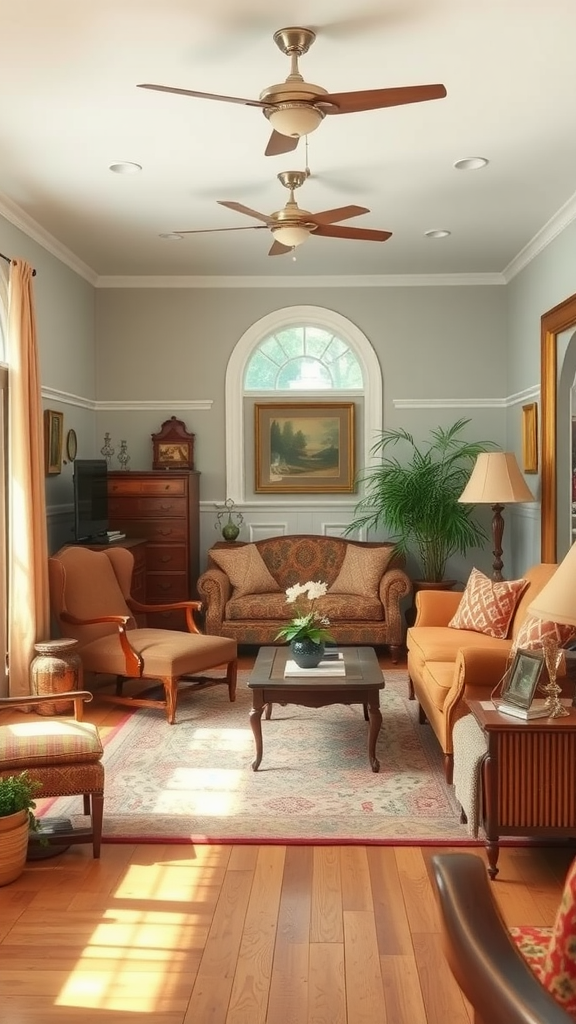 Cozy ranch-style living room featuring antique furniture, with a vintage sofa, coffee table, and warm wooden flooring.