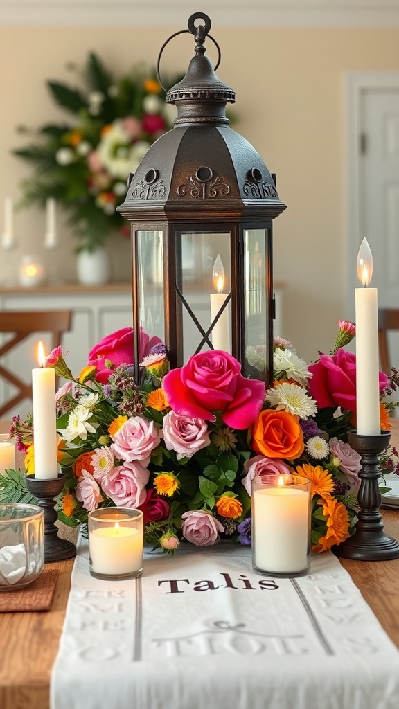 A beautifully arranged antique lantern centerpiece with flowers and candles.