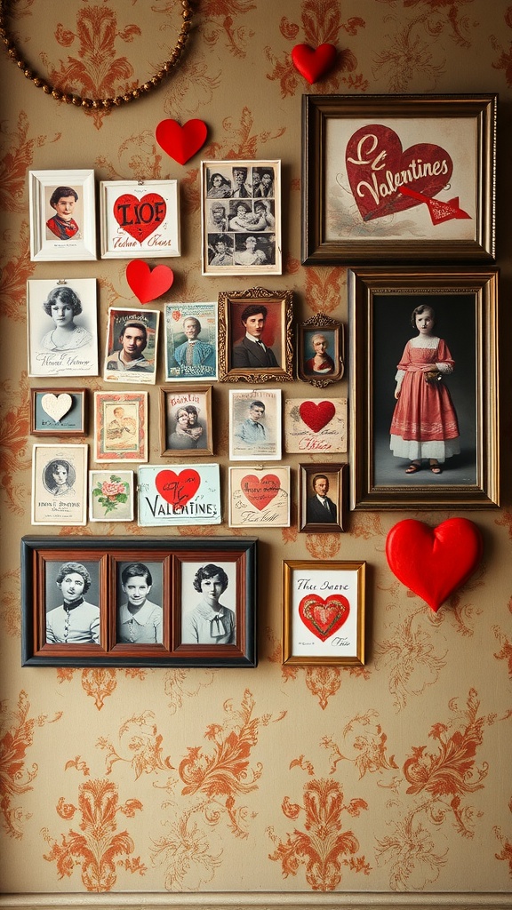 A wall collage featuring antique postcards, vintage photos, and heart decorations, showcasing a nostalgic Valentine's Day theme.