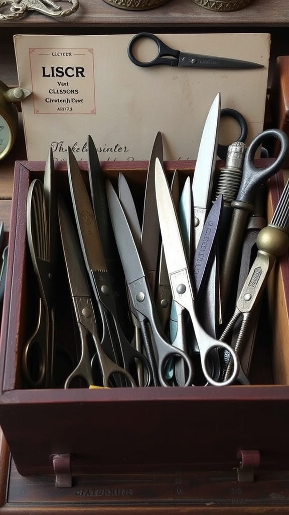 A collection of vintage scissors and tools in a wooden box.