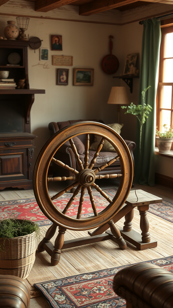 A vintage spinning wheel displayed in a cozy cottage setting with a woven basket and decorative rugs.