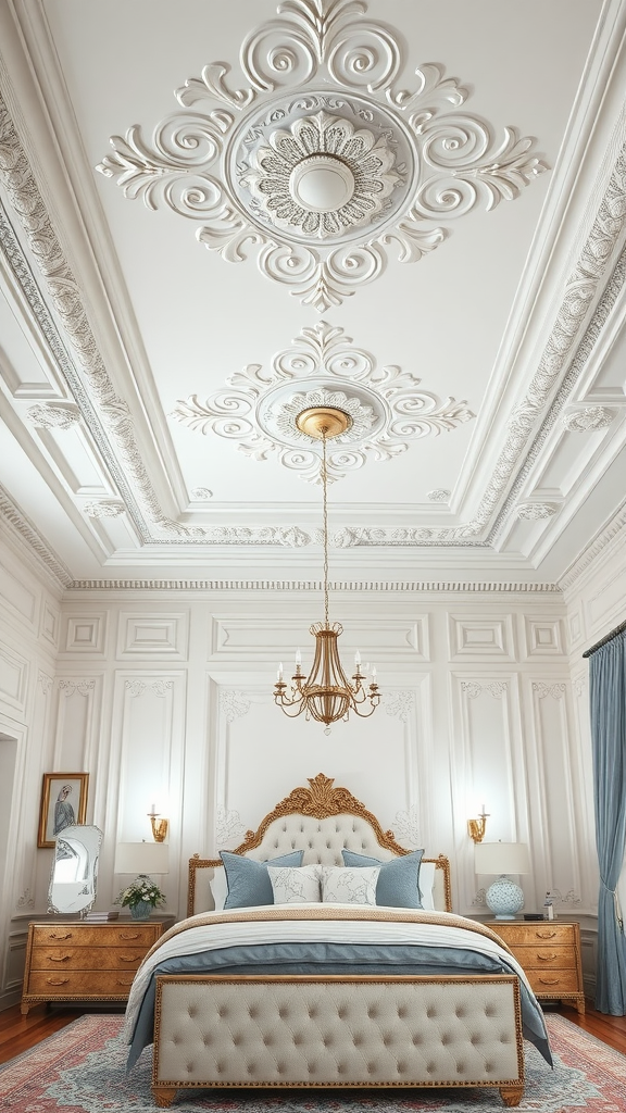 Luxurious master bedroom with ornate ceiling and elegant decor