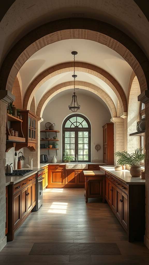 A beautifully designed old-world kitchen featuring archways and a cozy nook with wooden cabinets.