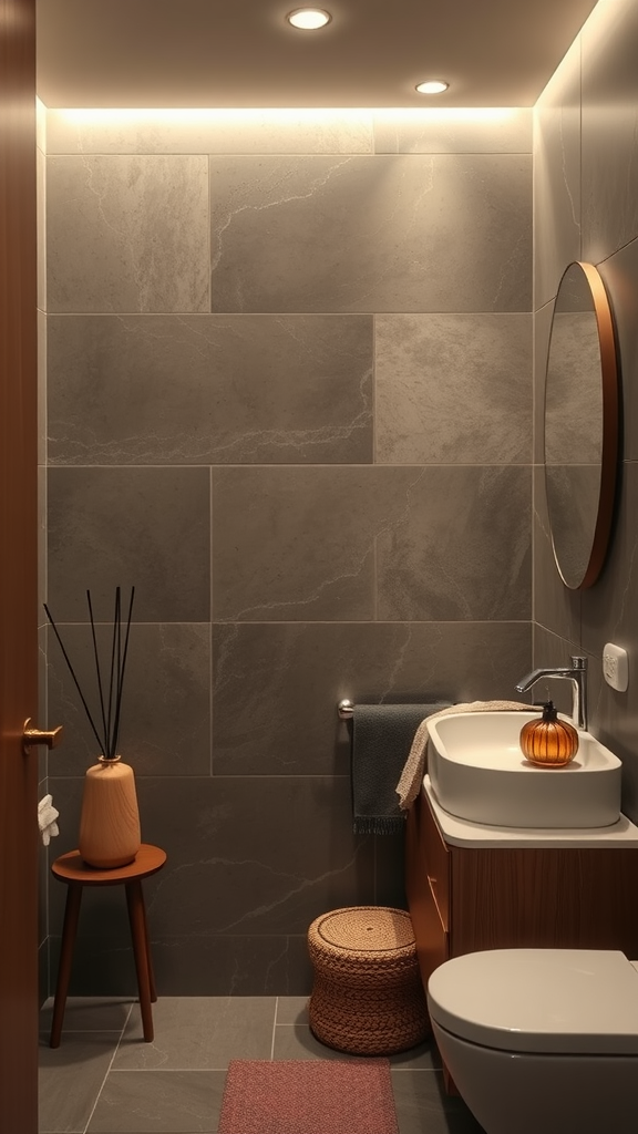 Warm tone bathroom with wooden elements and soft lighting.