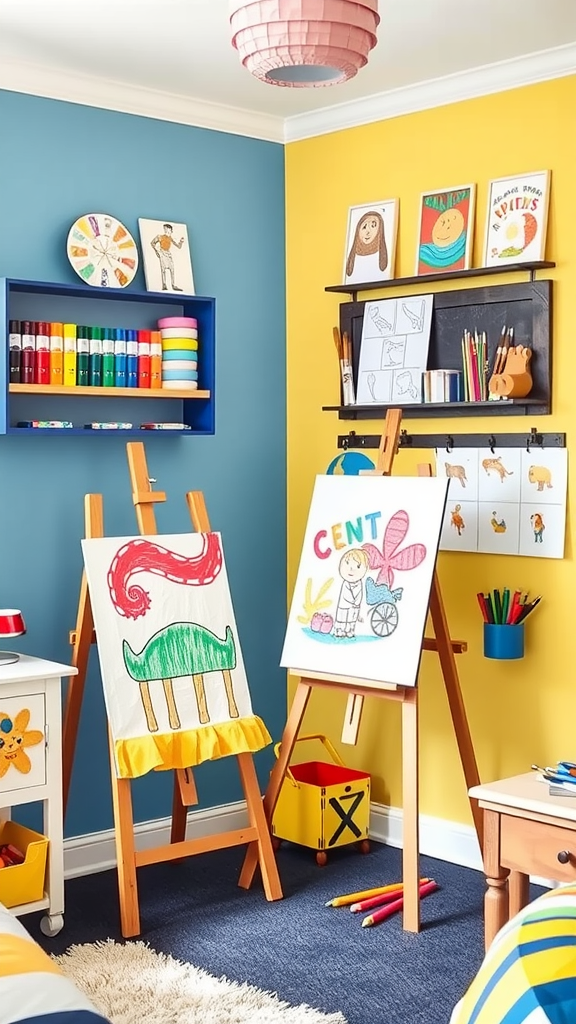 A vibrant art corner featuring easels, colorful art supplies, and playful drawings.