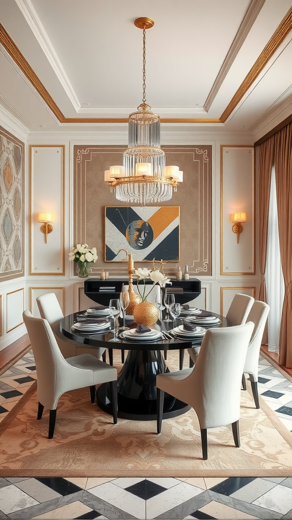 Art Deco dining room with geometric patterns, rich textures, and an elegant chandelier.