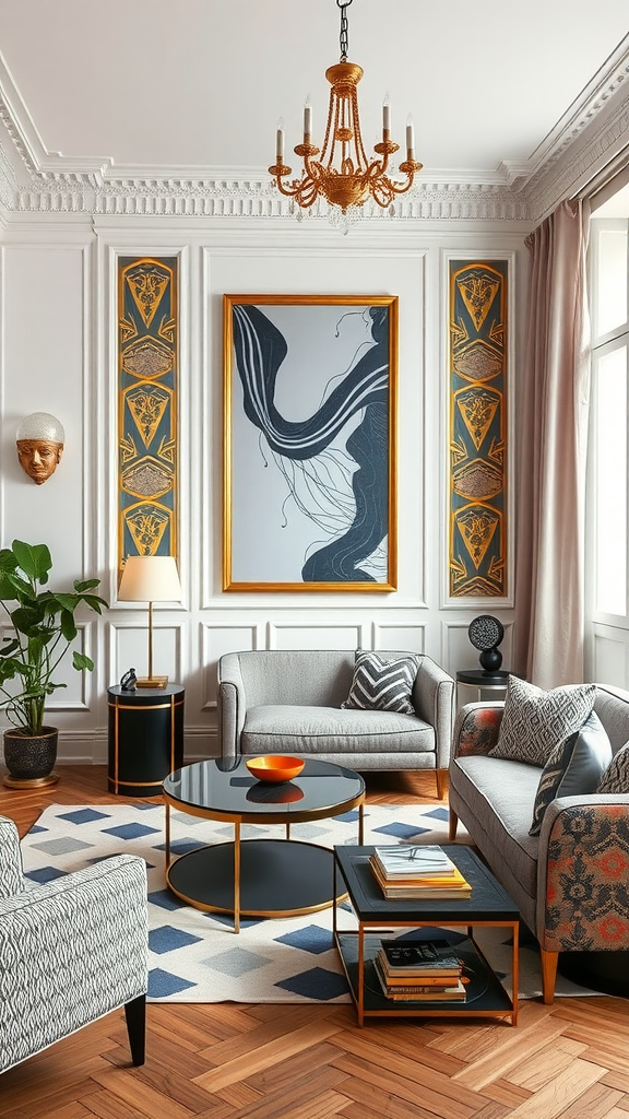 A stylish Parisian living room with Art Deco elements, featuring elegant furniture and bold artwork.