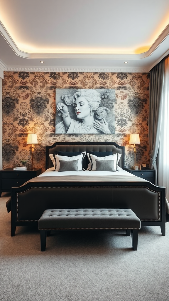 A luxury master bedroom featuring an accent wall with intricate floral wallpaper and a striking piece of artwork.