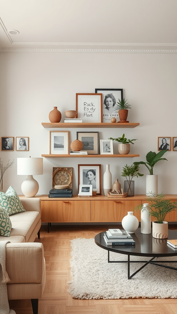 A stylish living room showcasing an artful arrangement of decorative accessories, including framed photos and vases.