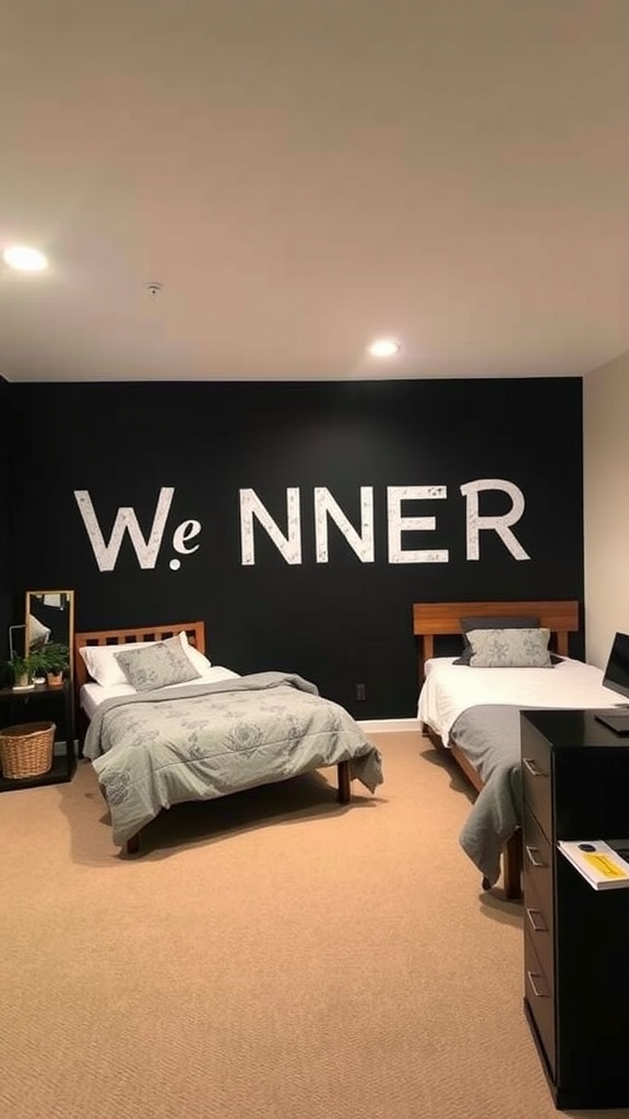 Aesthetic black dorm room with a wall mural saying 'We NNER'.