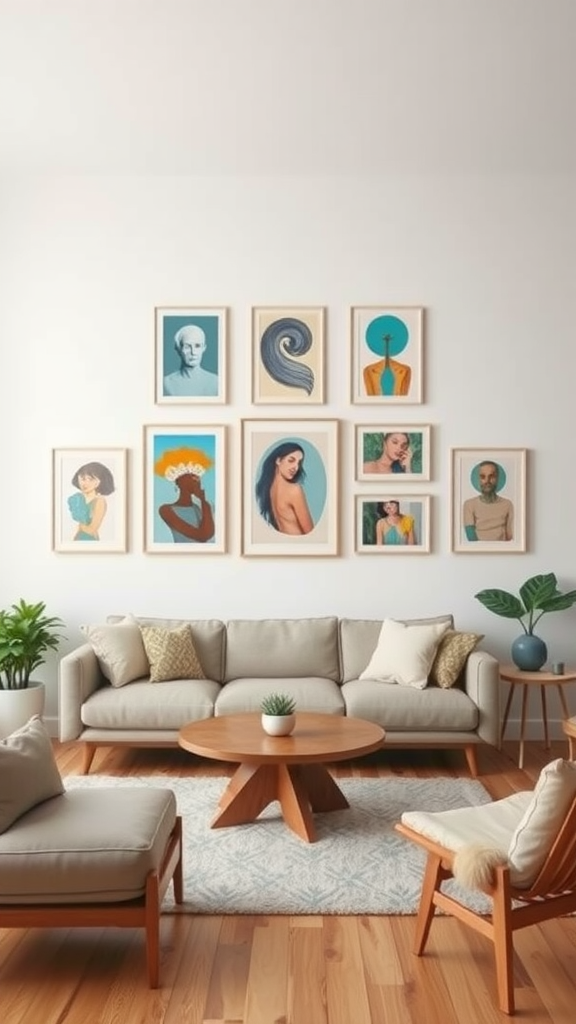 A vibrant gallery wall featuring framed artwork in various styles, above a stylish living room setup.