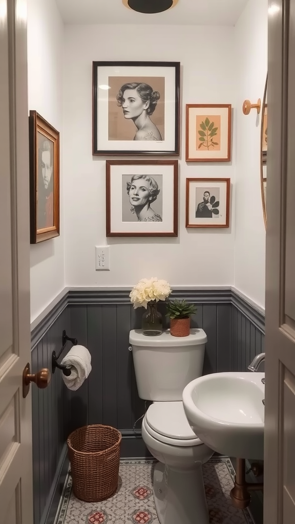 A cozy bathroom featuring various framed art pieces on the wall.