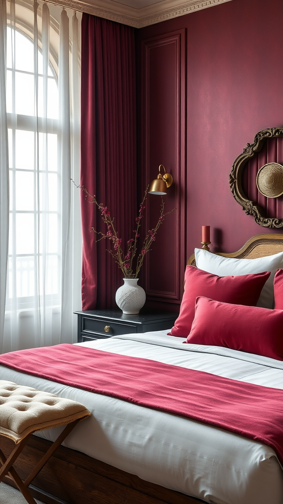 A luxurious burgundy bedroom featuring artisan-crafted decor items.