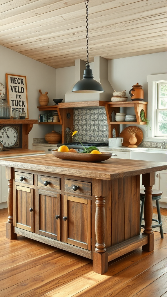 A rustic farmhouse kitchen with a wooden island and decorative elements.