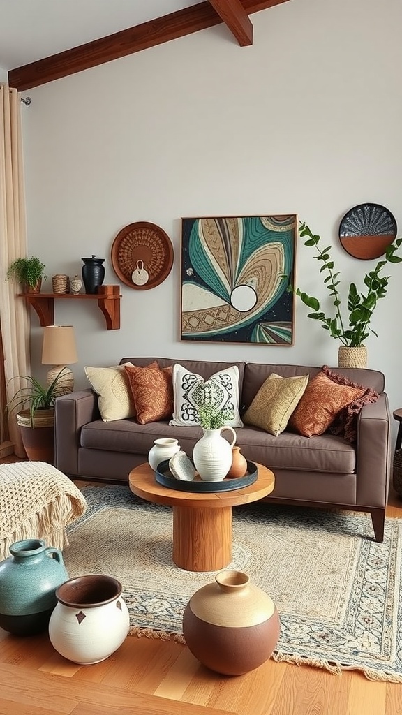 A stylish living room featuring artisan made accents like pottery and decorative pillows.