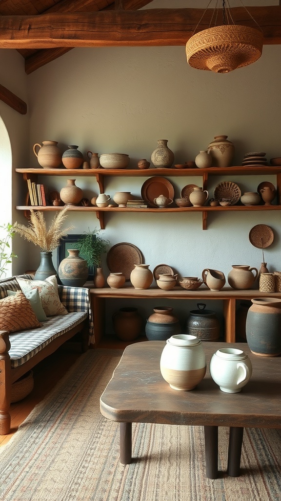 A rustic boho living room with artisan pottery accents on shelves and a wooden table.