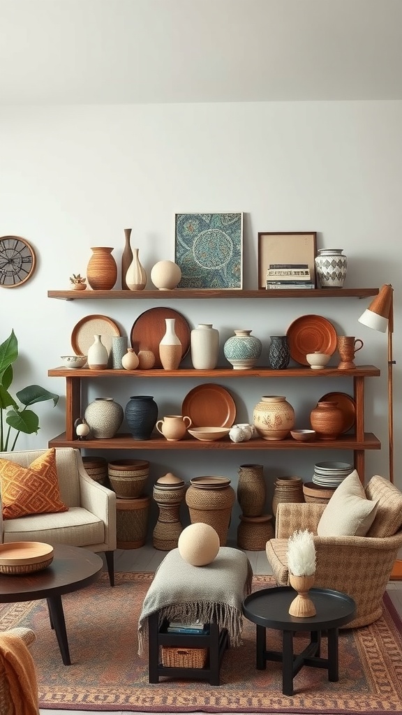 A cozy living room featuring a display of artisan pottery and ceramics on wooden shelves, showcasing a mix of colors and textures.