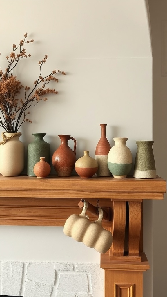 A collection of handmade pottery vases on a wooden mantle with dried flowers.