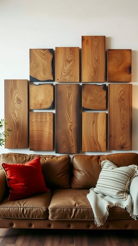 A collection of artisan wood panels arranged on a wall behind a couch