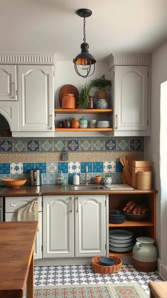 A kitchen featuring artisanal finishes with handmade elements like patterned tiles and rustic wooden shelves.