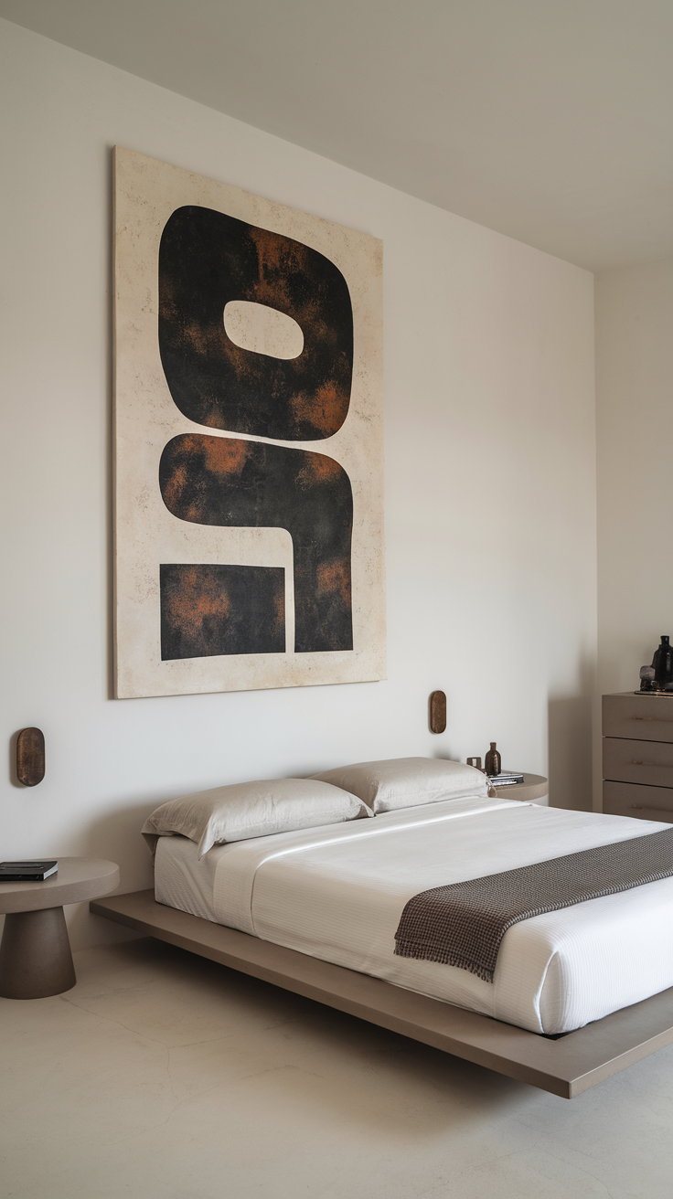 A modern bedroom featuring a large abstract wall art piece in black and rust colors.