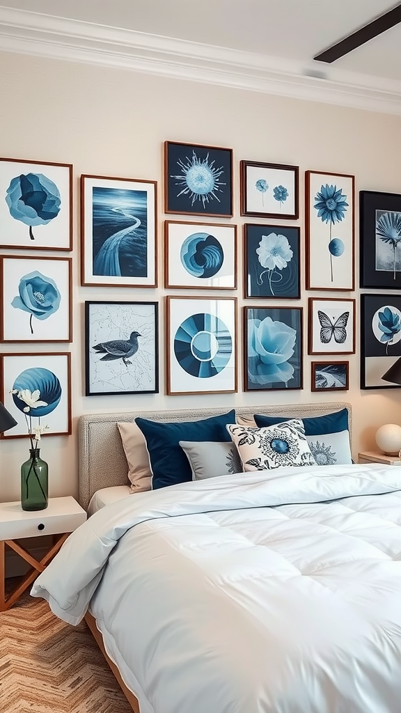 A gallery wall featuring various blue-themed artworks above a bed.