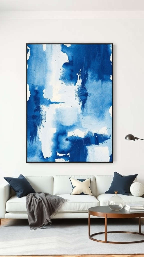 Living room with blue wall art and light-colored sofa