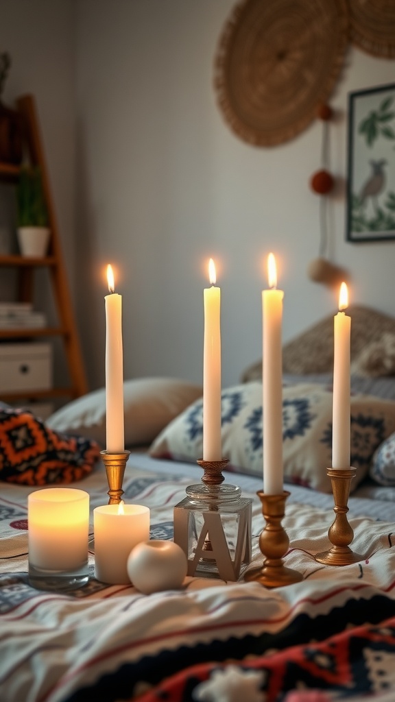 A collection of candles arranged creatively on a bed with boho decor.