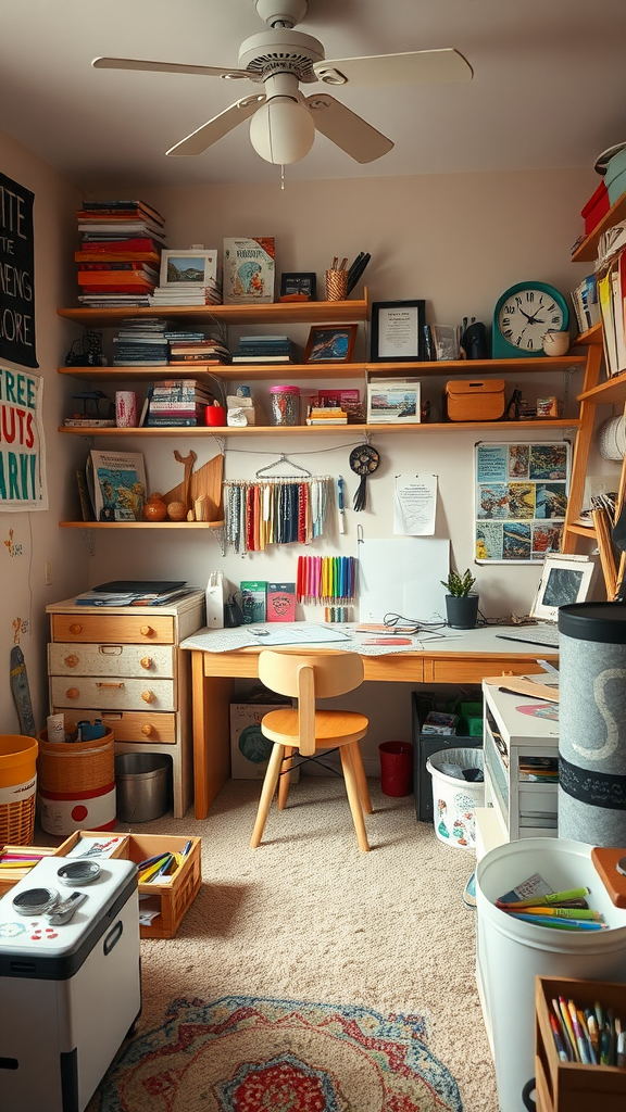 A cozy and organized craft corner featuring a wooden desk, colorful art supplies, and shelves filled with books and materials.