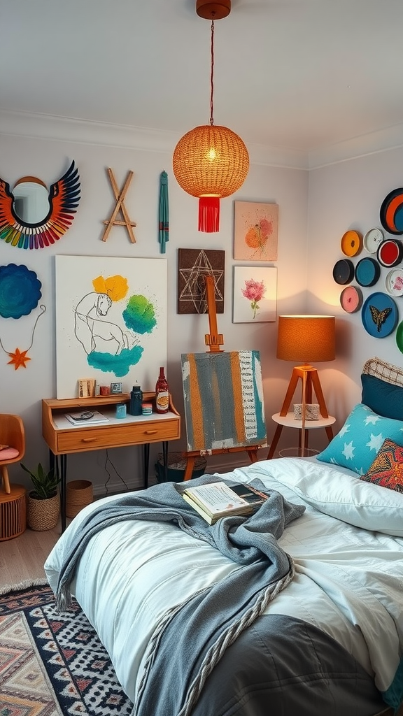 A cozy artistic room with colorful wall art and a comfortable bed.