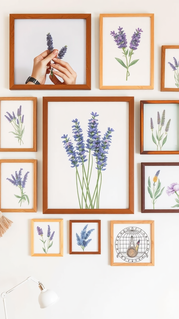 A gallery wall featuring various framed floral artworks.