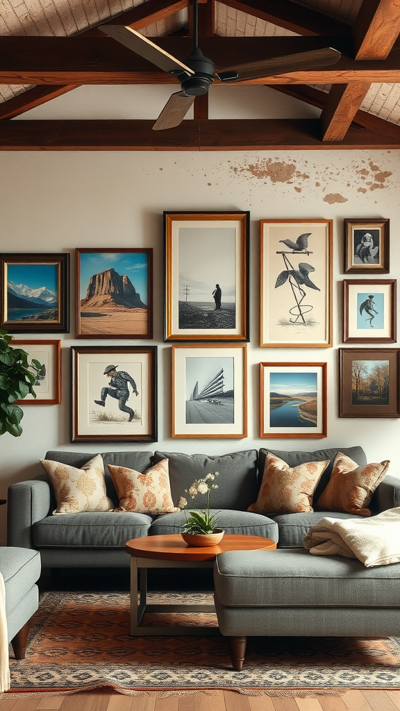 A rustic French country living room with a gallery wall of framed artworks, featuring a cozy couch and decorative pillows.