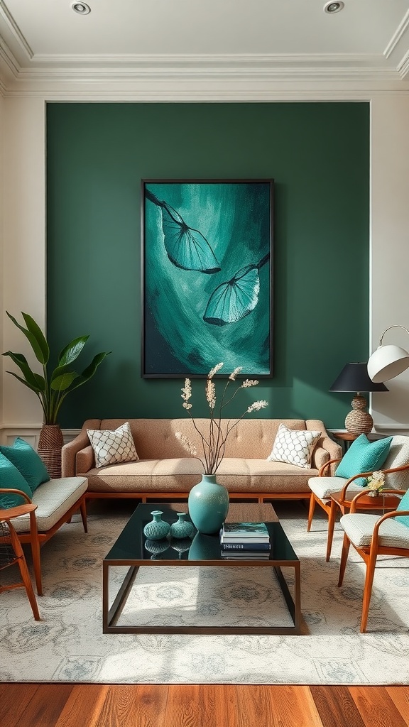 A stylish living room with artistic green decor featuring a large green wall, a central table with vases, and comfortable seating.