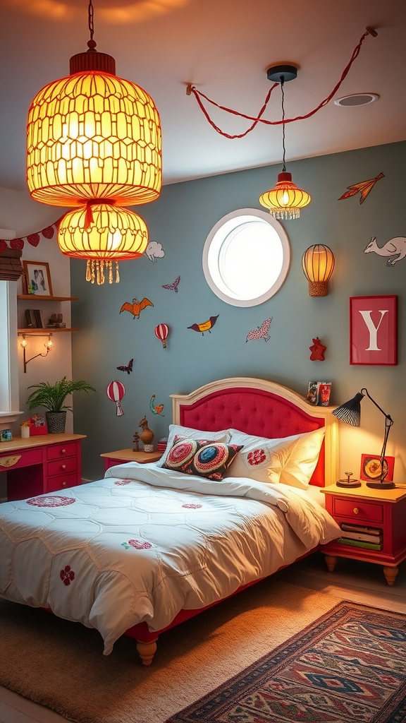 A cozy bedroom with artistic light fixtures hanging from the ceiling, showcasing colorful and creative designs.