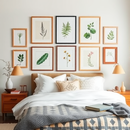 A cozy bedroom featuring a gallery wall of botanical prints above a bed, with warm wooden furniture and soft bedding.