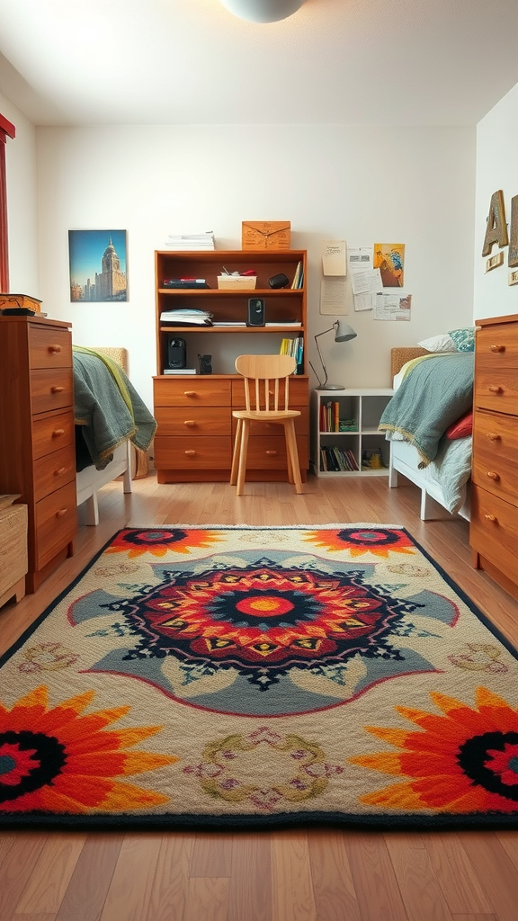 A colorful artistic rug on the floor of a dorm room with wooden furniture.