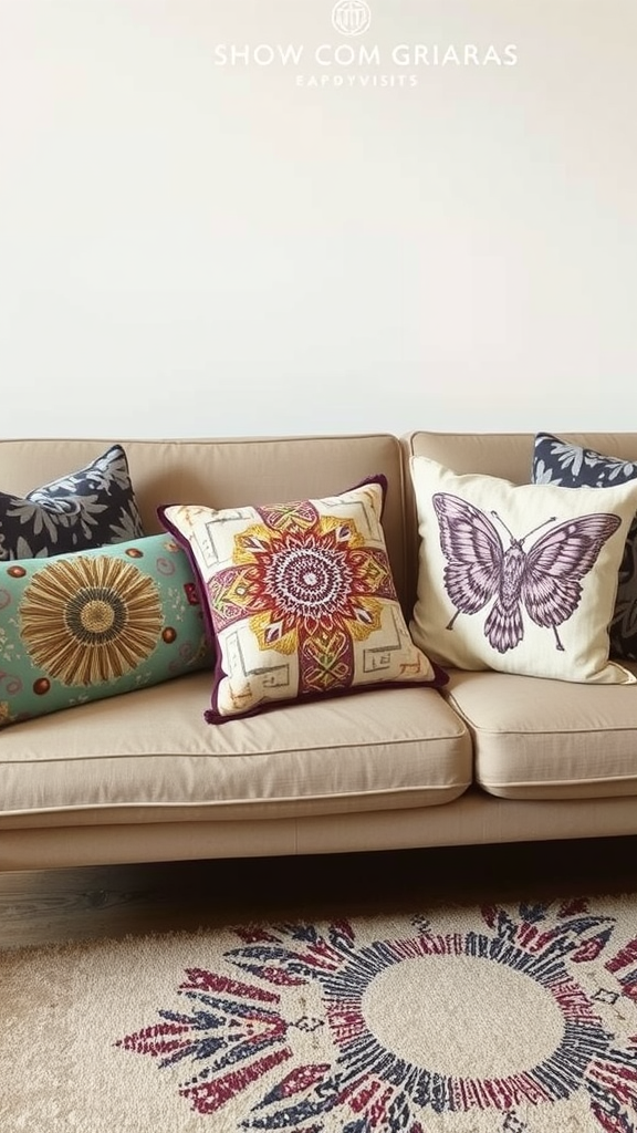 A cozy sofa adorned with colorful, patterned pillows and a matching rug.