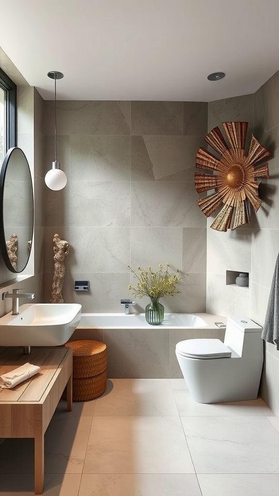 Modern luxury bathroom with artistic decor elements.