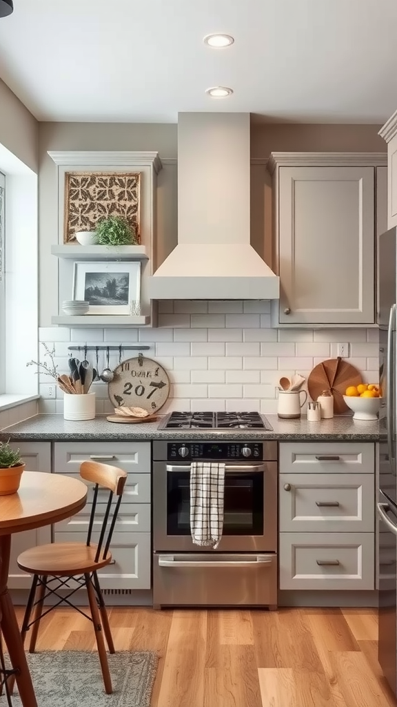 A light gray kitchen with stylish cabinets, a modern stove, and artistic decor.