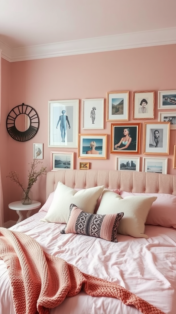 A cozy bedroom with a pink wall, featuring a gallery of framed art and photographs above a neatly made bed.