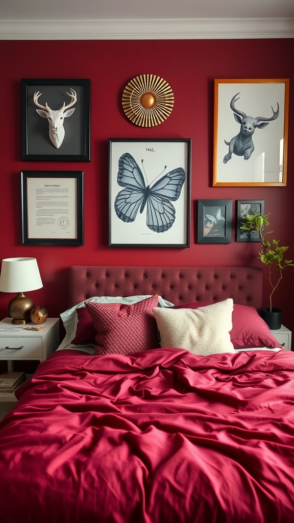 A burgundy bedroom featuring artistic wall decor with various framed artworks.