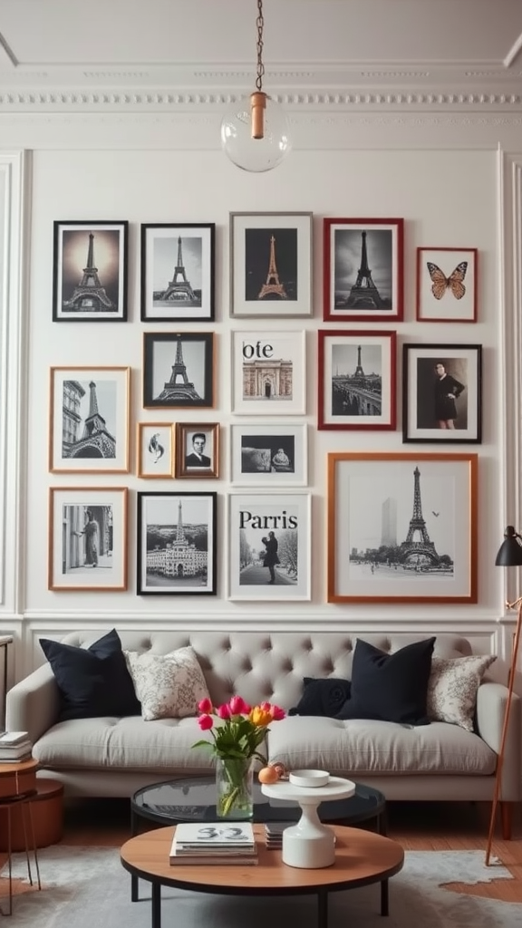 A cozy living room featuring a gallery wall of framed pictures, including Eiffel Tower and butterfly images, above a stylish couch.