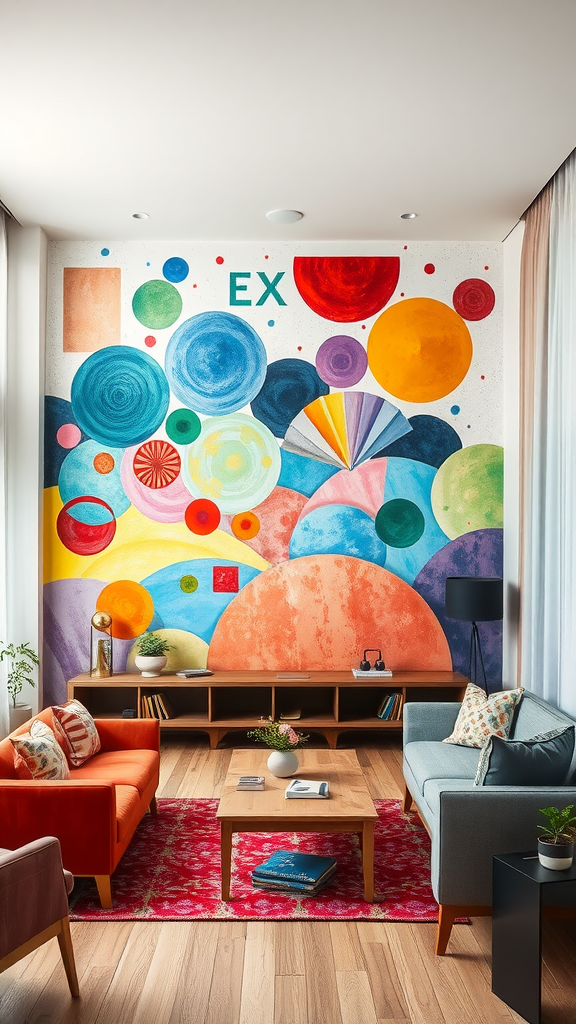 A colorful wall mural featuring abstract shapes and circles in a living room with orange and gray sofas.