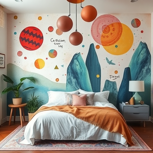 Colorful wall mural featuring planets and mountains in a cozy bedroom setting