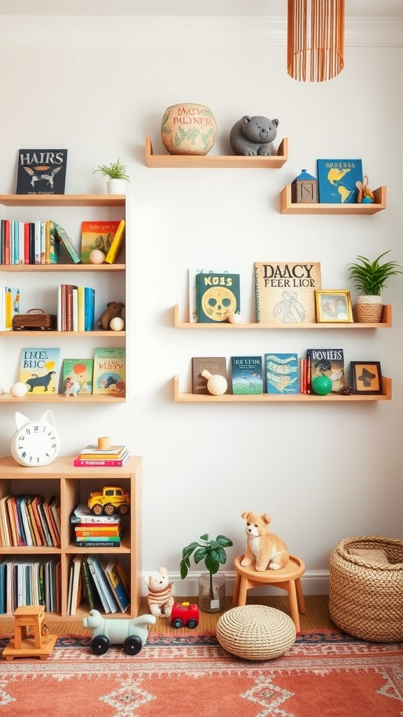 A colorful playroom with artistic wall shelves displaying books and toys.